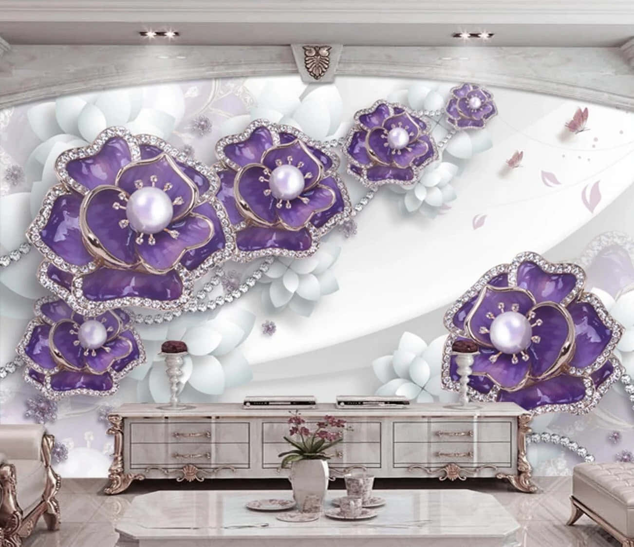 Purple Decor 桌布 壁紙 — 豪華客廳採用3D花卉牆紙，在彎曲的白色牆壁上呈現紫色寶石花和白色花朵。