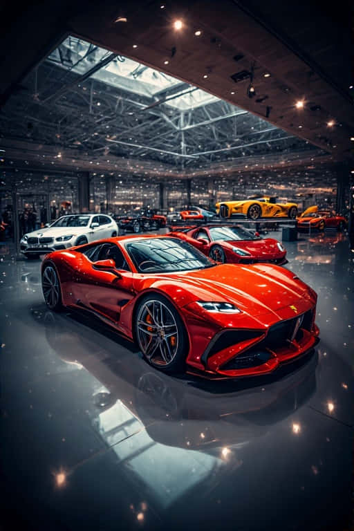 紅色法拉利跑車在豪華車展廳中與其他高端車輛一同展示。
