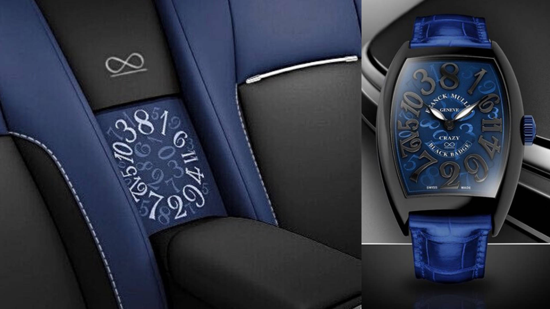 Franck Muller x Rolls-Royce Wraith Black Badge 壁紙 — 豪華汽車座椅和手錶均採用大膽的藍色皮革和精緻的白色數字設計，展現時尚現代美學。