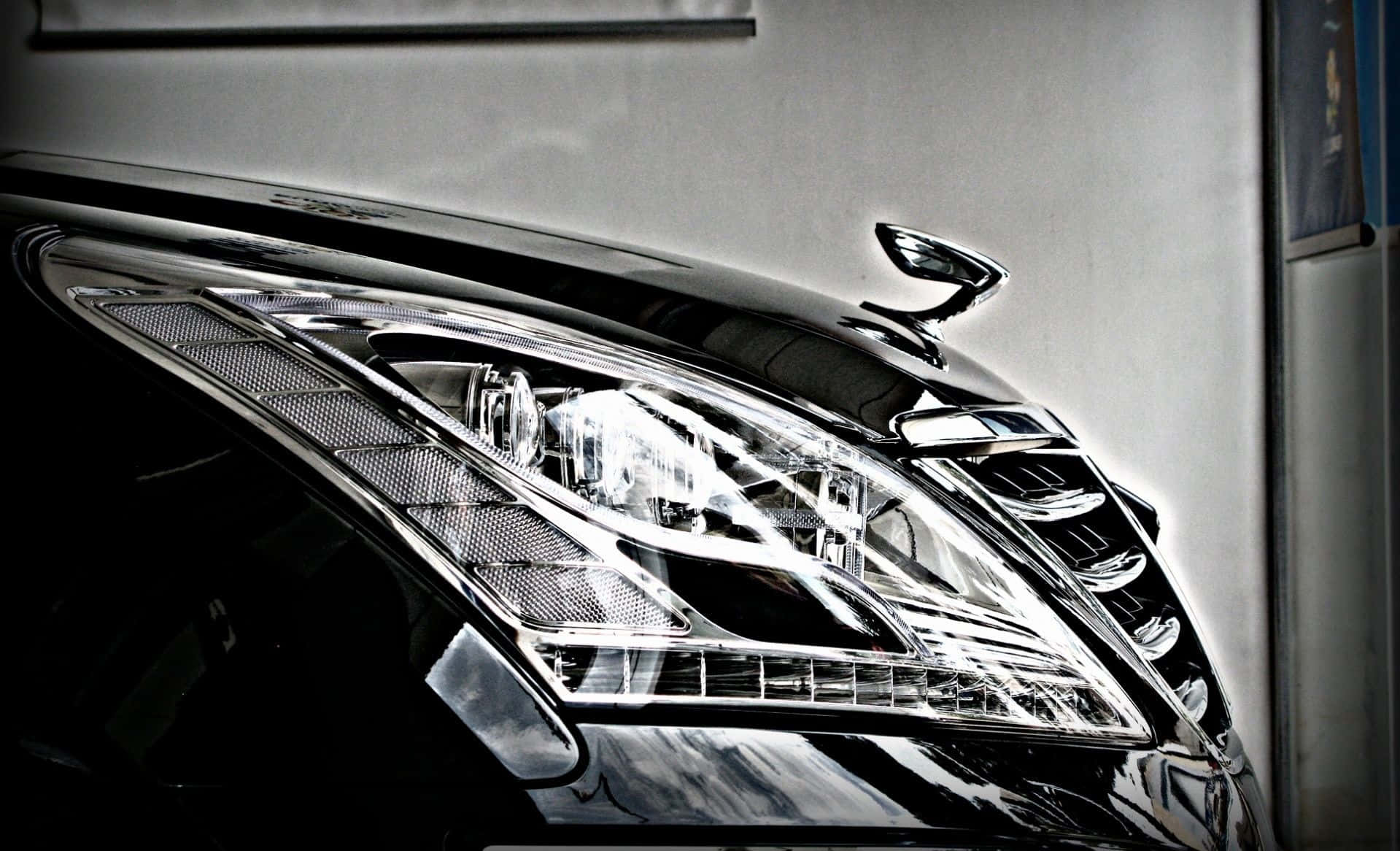 Hyundai Equus 桌布 壁紙 — 豪華汽車時尚頭燈的特寫，帶有鍍鉻裝飾和反光表面，背景為金屬牆。
