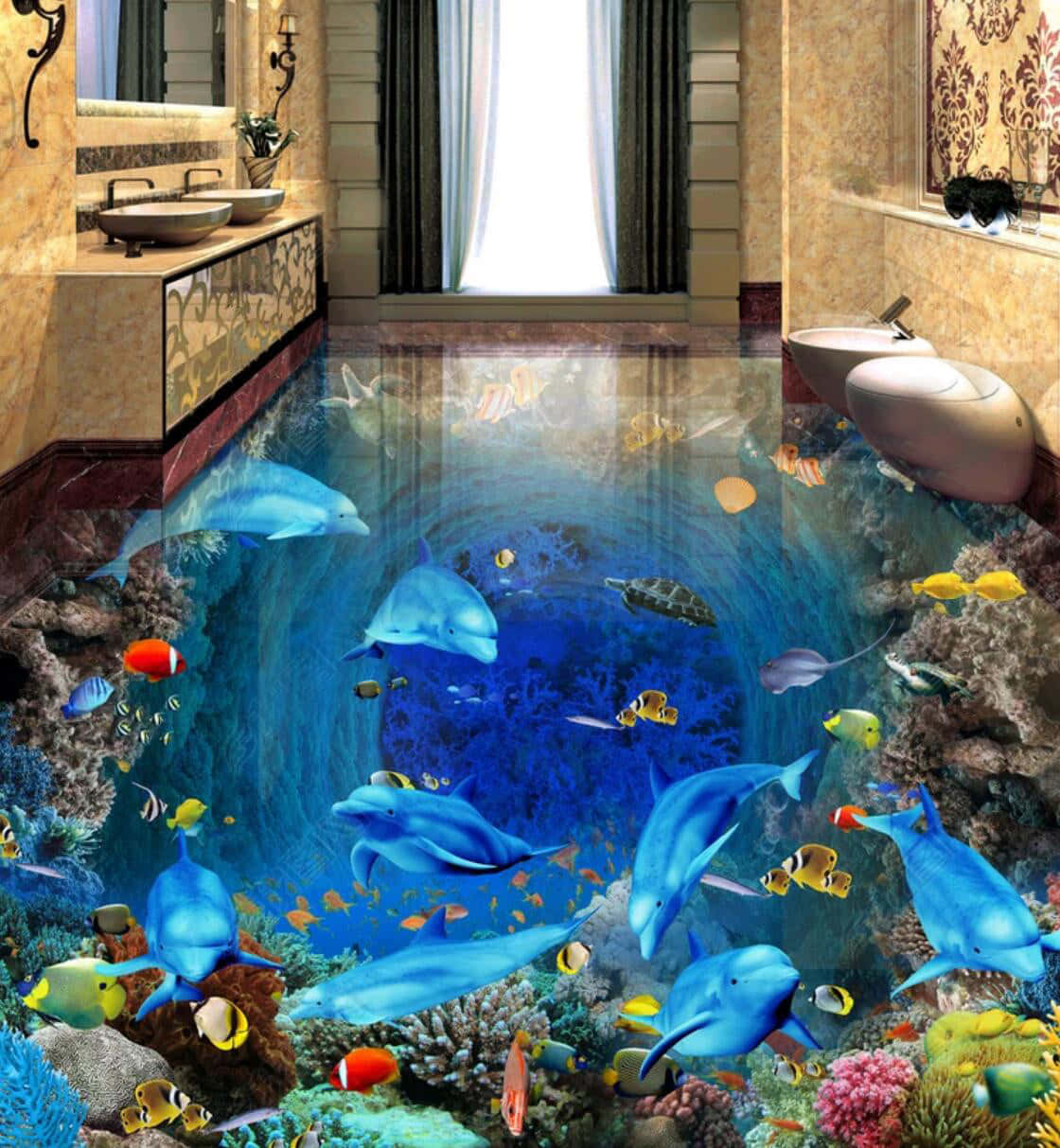 3d Ocean 桌布 壁紙 — 豪華浴室地板變成充滿海豚和色彩繽紛魚類的活力珊瑚礁。