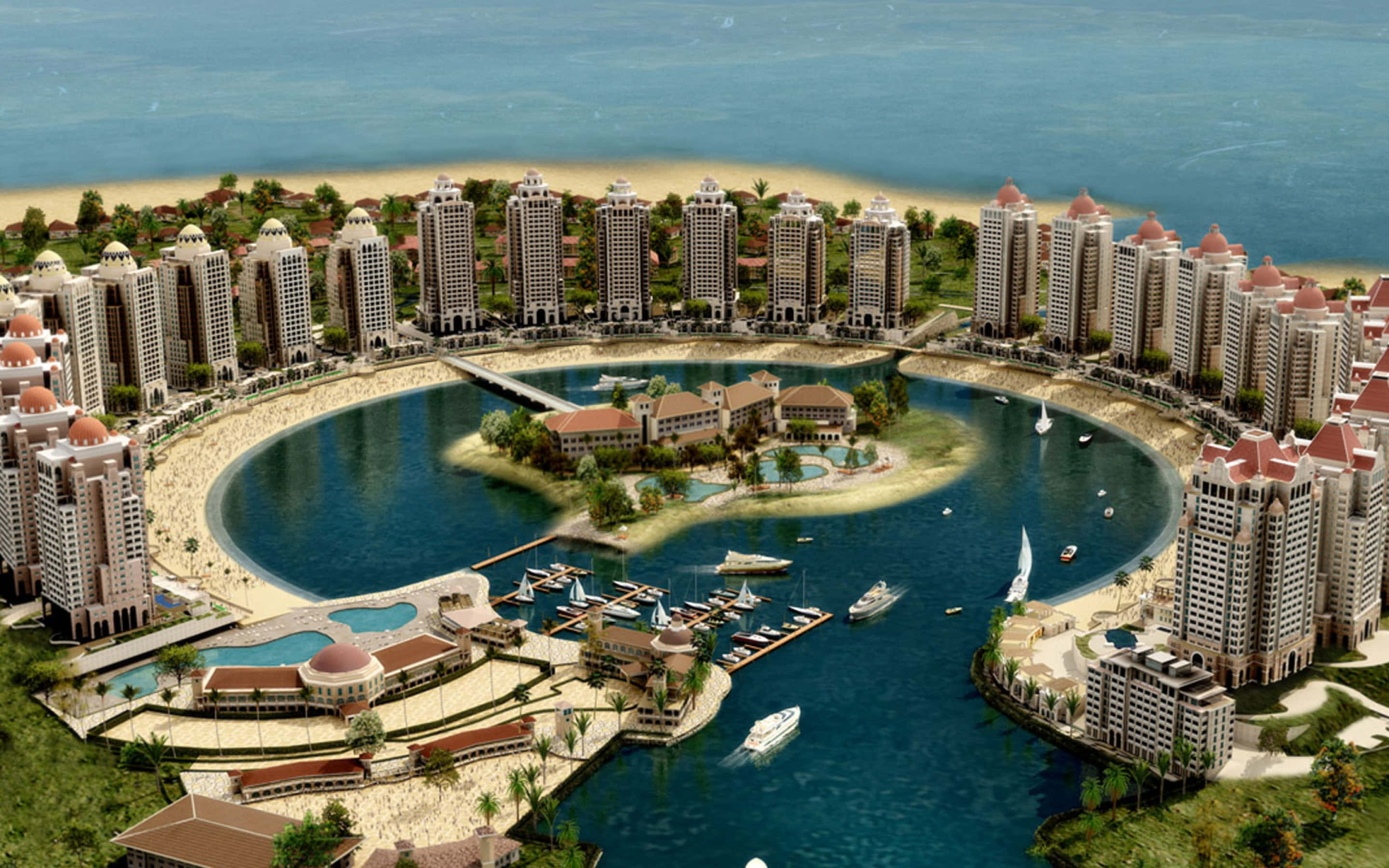 Qatar 桌布 壁紙 — 豪華海岸度假村的鳥瞰圖，高層建築環繞著中央碼頭和島嶼。