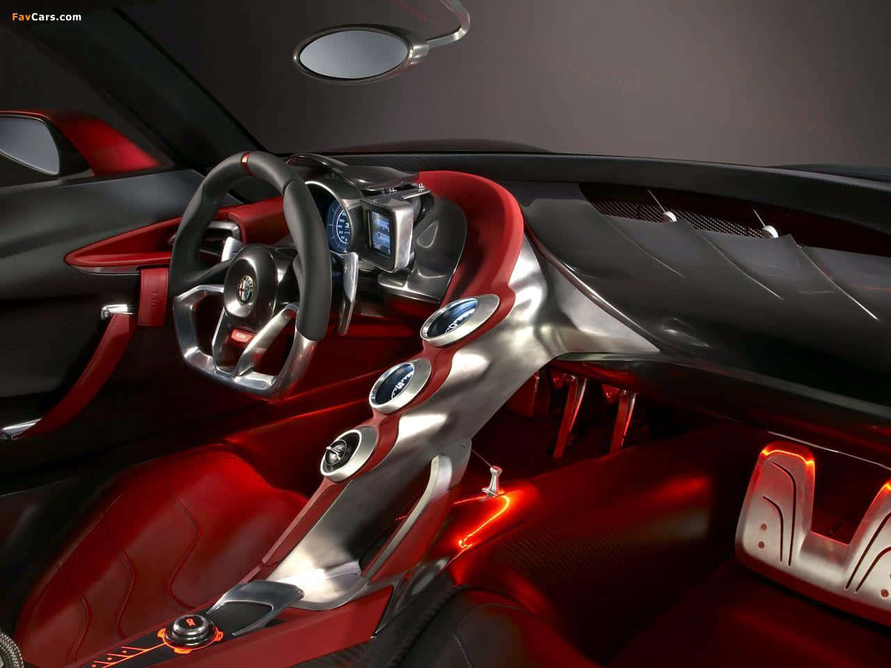 Alfa Romeo 4c 桌布 壁紙 — 豪華跑車內飾，配有紅色皮革座椅和金屬飾邊，環境照明下。