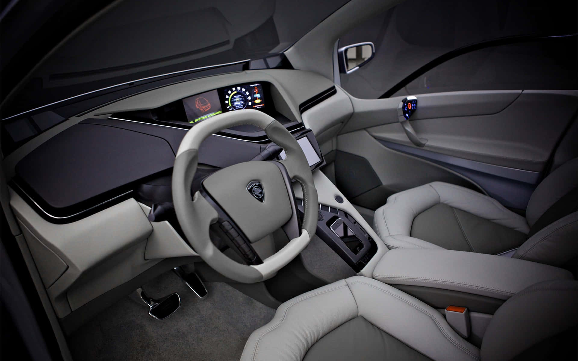 Proton 桌布 壁紙 — 豪華車內飾，配以簡約灰色皮革座椅和數碼儀表板，柔和環境燈光。