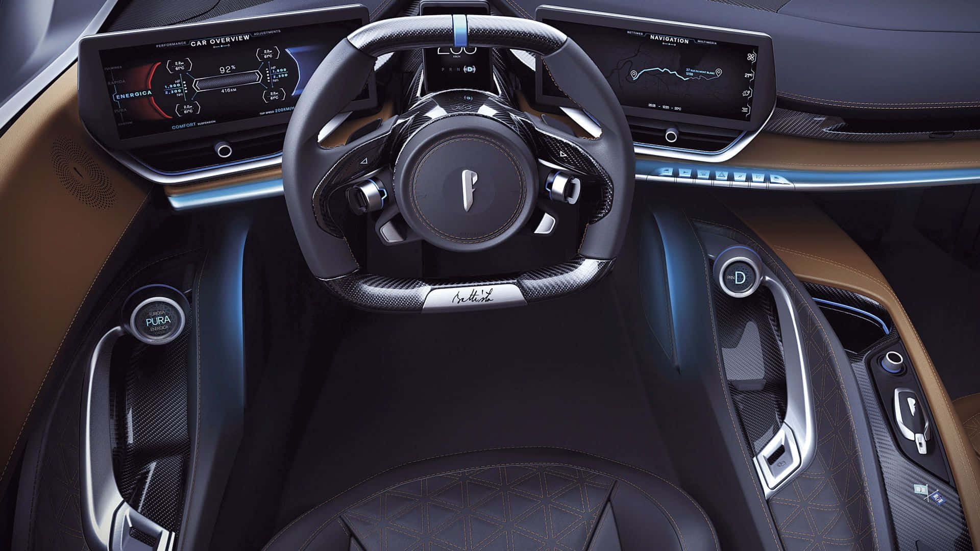 Pininfarina 桌布 壁紙 — 豪華車內飾，配備碳纖維方向盤、數碼儀表板和藍色環境照明下的棕褐色皮革座椅。