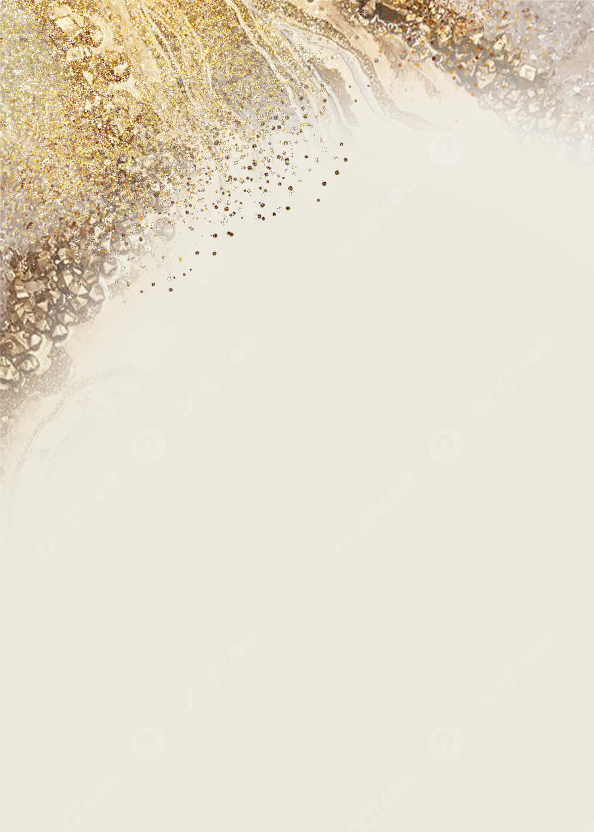 豪華金光散景背景 壁紙 — 優雅嘅抽象背景，閃爍嘅金色閃粉同銀色漩渦由左上角傾瀉喺奶油色米色畫布上。