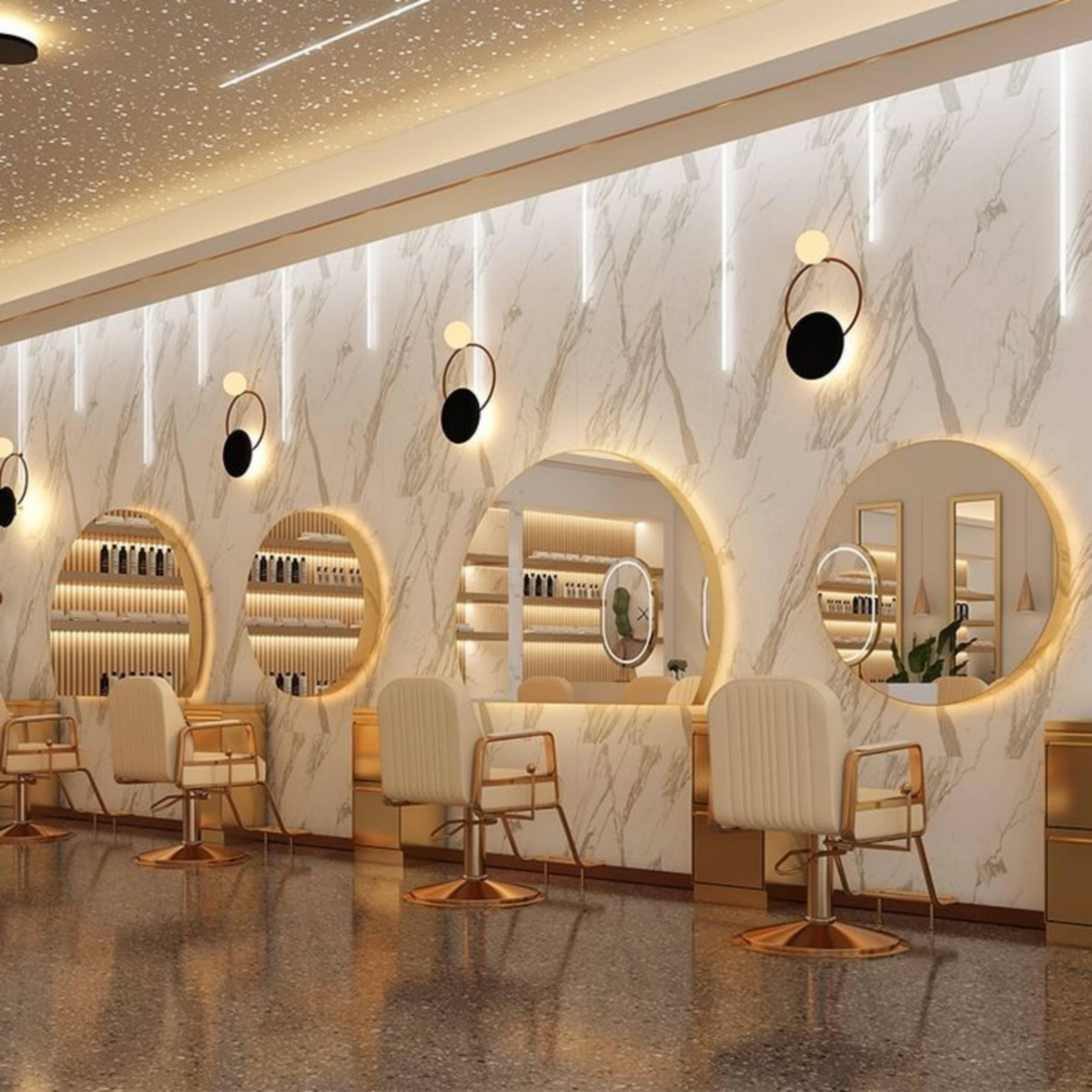 Hair Salon 桌布 壁紙 — 豪華髮廊，配有大理石牆壁、發光的圓形鏡子和金色裝飾，在星空天花板燈光下。