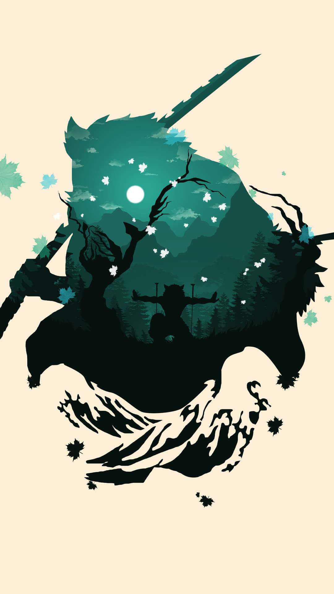 戰士剪影，帶有狼頭和劍，包含一個月光下的森林場景。