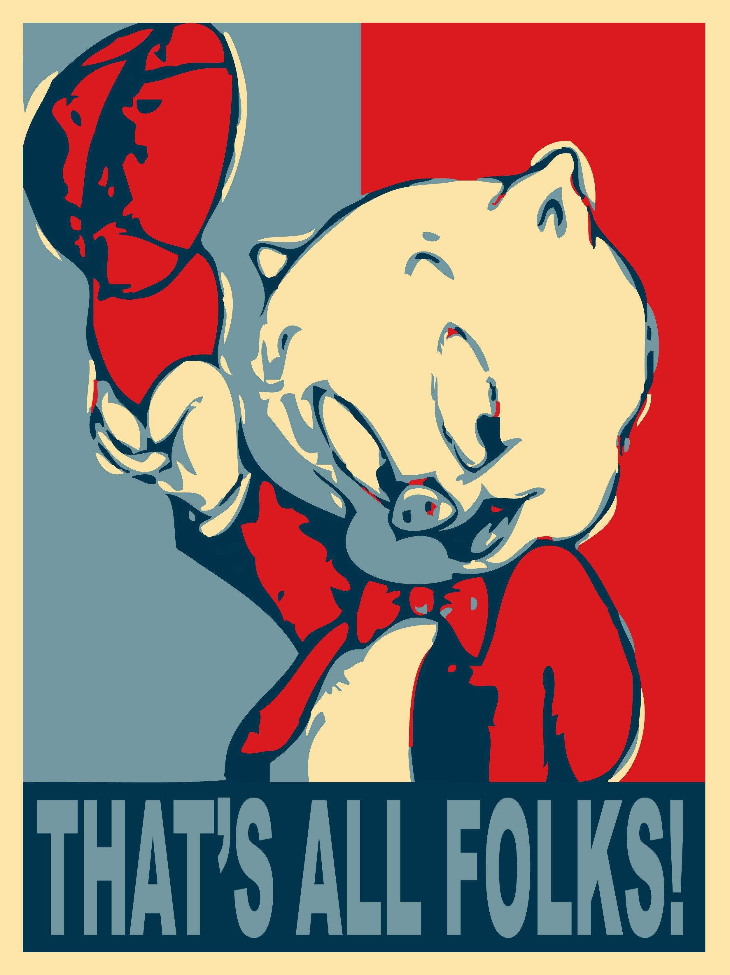 豬頭派克「That's All Folks」 壁紙 — 一隻風格化的卡通貓戴著紅色領結，手持紅色拳擊手套，背景分為紅色和藍色，下方有粗體文字。