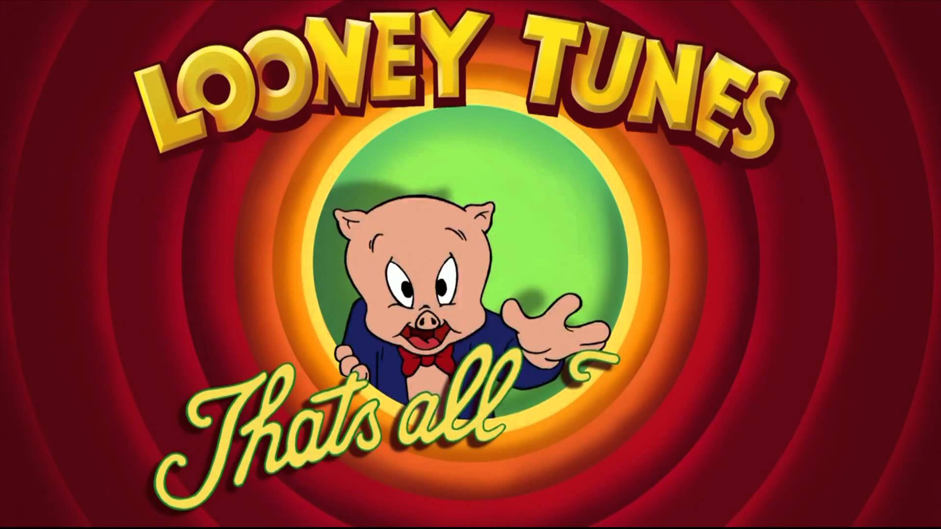 豬頭派克與「That's All Folks」背景 壁紙 — Porky Pig 喺旋轉嘅紅色隧道入面，喺Looney Tunes標誌下面，開心咁揮手，下面寫住「That's all」。