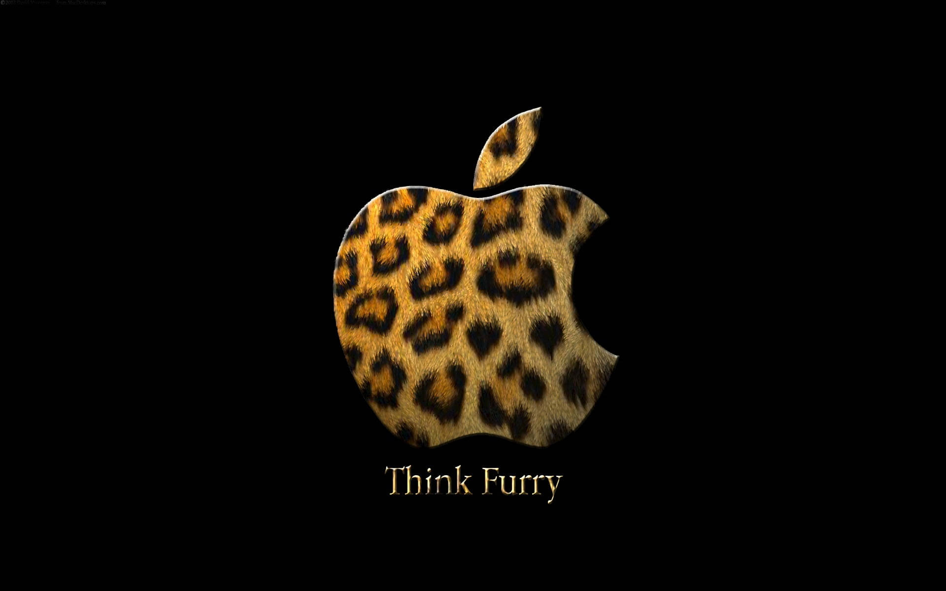 豹紋蘋果標誌 壁紙 — 豹紋Apple標誌在黑色背景上發光，下方有Think Furry文字。