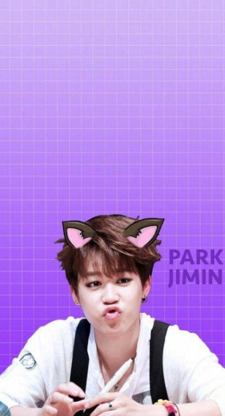 貓咪 Jimin 美學 壁紙 — 一個戴著貓耳朵的年輕男子在紫色網格背景前做出俏皮的嘟嘴表情。