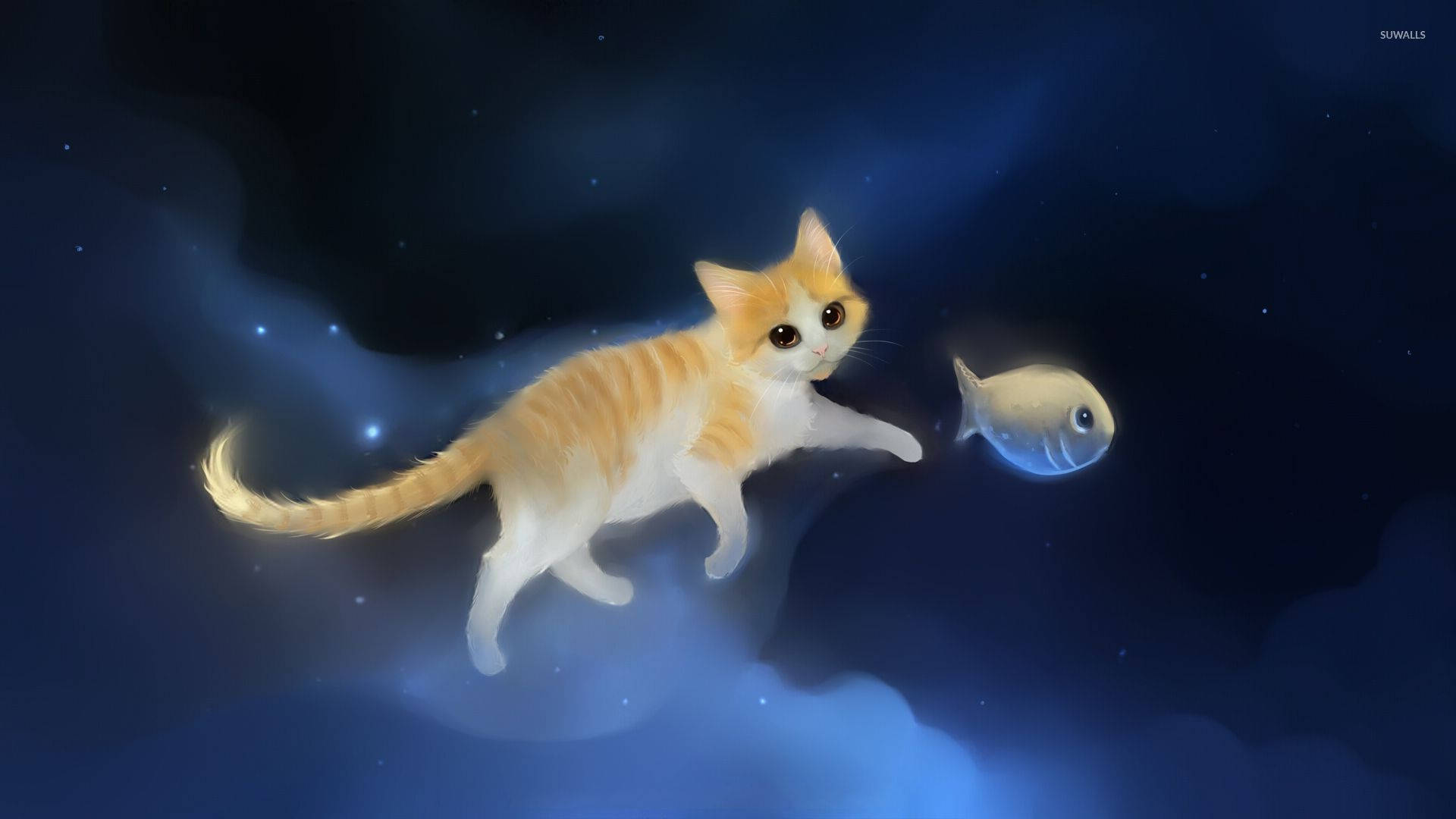一隻小貓和魚漂浮在星空的宇宙場景中，周圍有發光的星雲。
