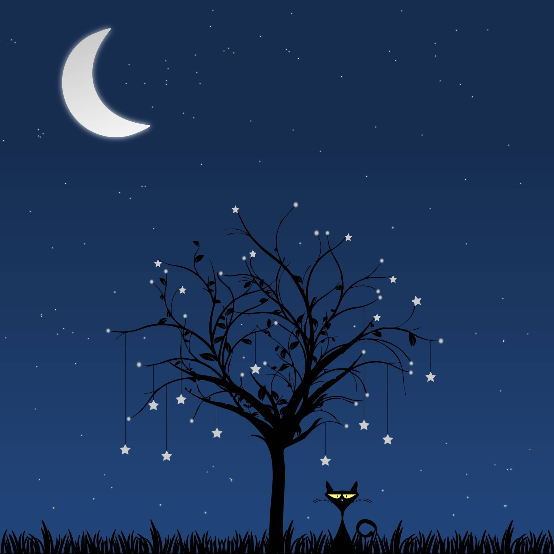 一隻黑貓在夜晚的彎月下坐在佈滿星星的樹下。