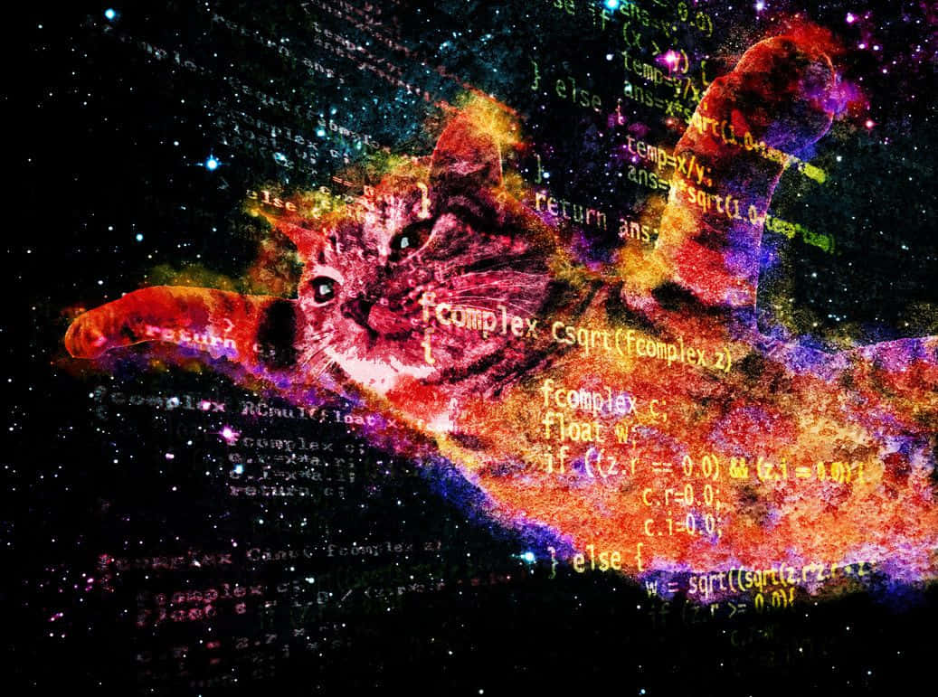 貓咪進太空——勇闖無人之境 壁紙 — 一隻宇宙貓剪影在繁星點點的夜空背景下，散發著火熱的色彩，並覆蓋著漂浮的程式碼。