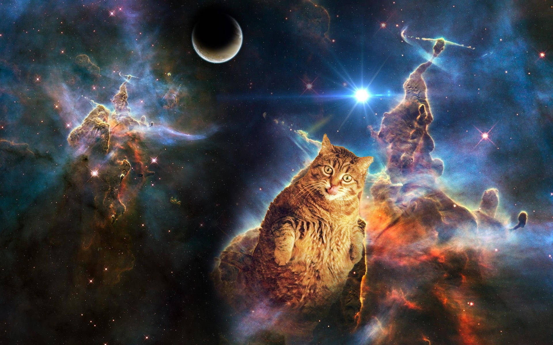 一隻虎斑貓在色彩繽紛的宇宙星雲中漂浮，伴隨著星星和月亮。