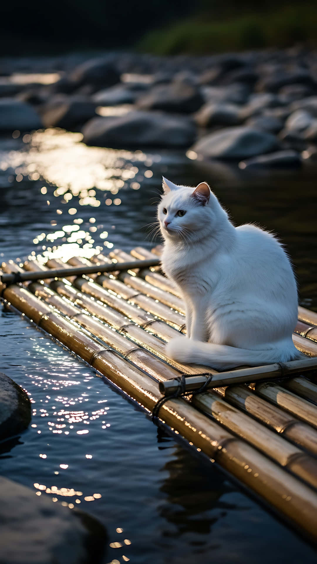 一隻白貓坐在陽光河流中的竹筏上，有岩石和水面倒影。