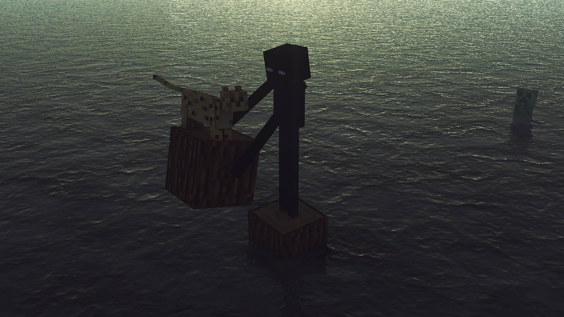 貓塊 Minecraft 埃德曼 壁紙 — 一個 Minecraft 骷髏站在黑暗水中的木製平台上，抱著一隻貓，附近還潛伏著另一隻殭屍。