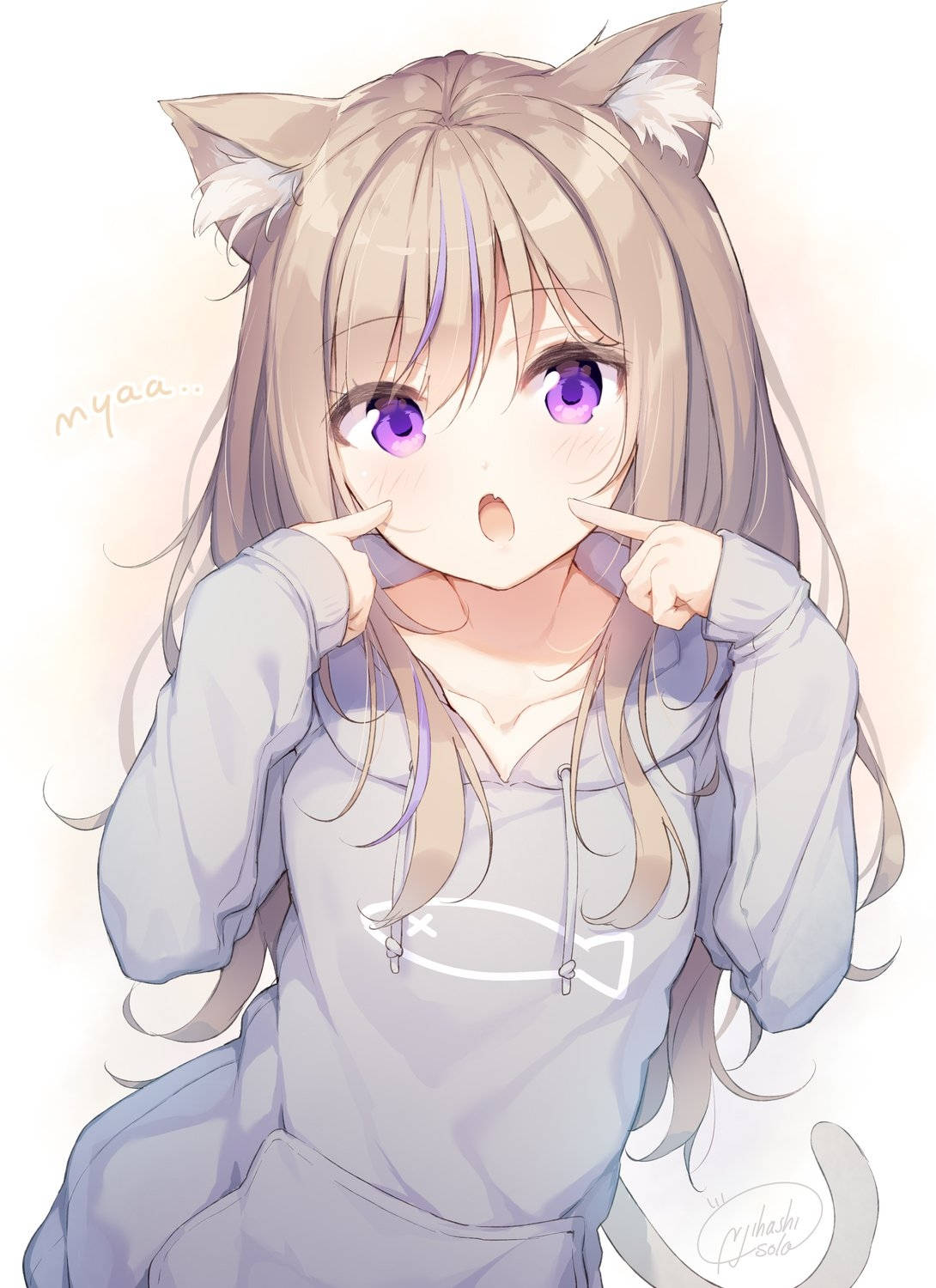 貓女動漫少女連帽衫 壁紙 — 一個可愛的動漫女孩，長著貓耳朵和紫色眼睛，穿著淺灰色連帽衫，頑皮地捏著臉頰。