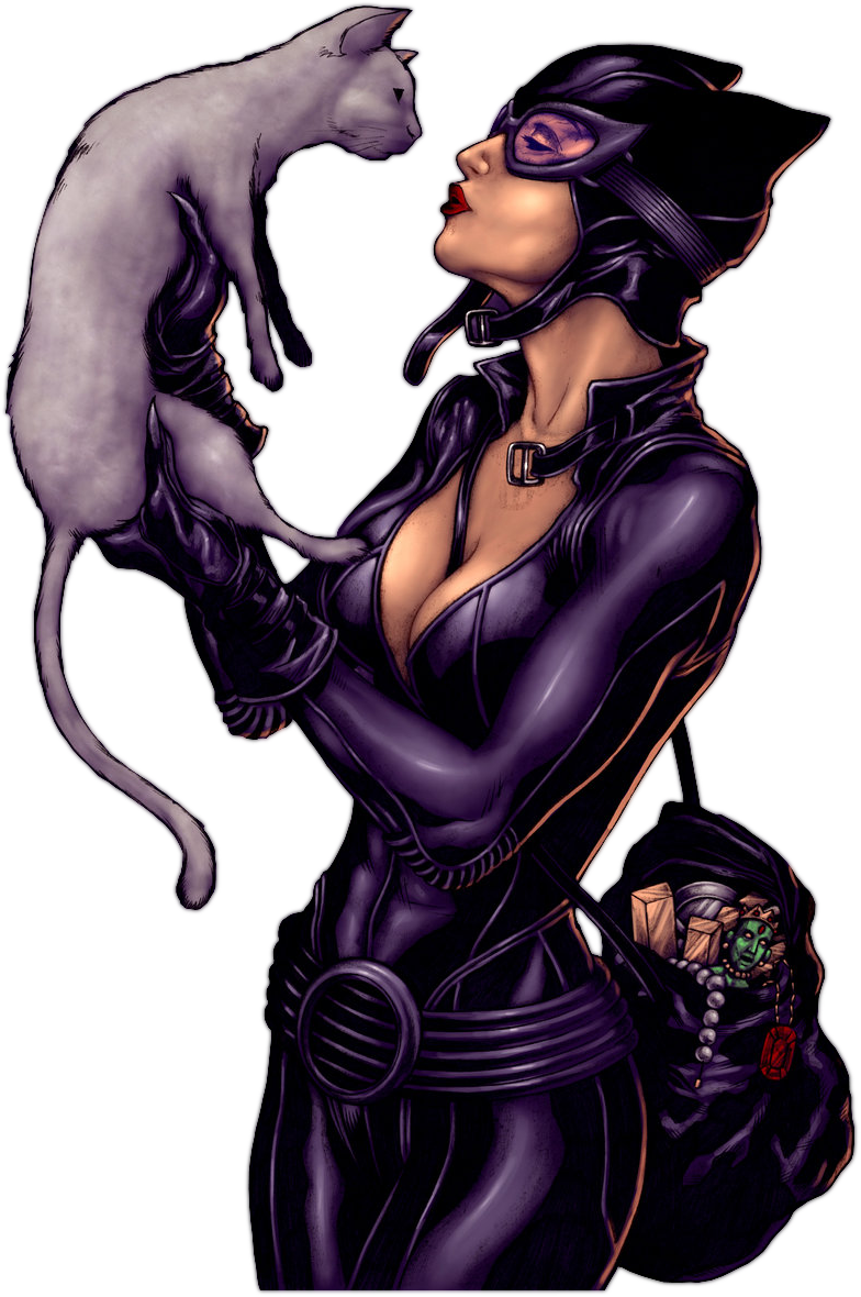 貓女抱白貓插畫 壁紙 — 一個風格化的貓女穿著光澤紫色套裝，在黑色背景前抱著一隻白貓。