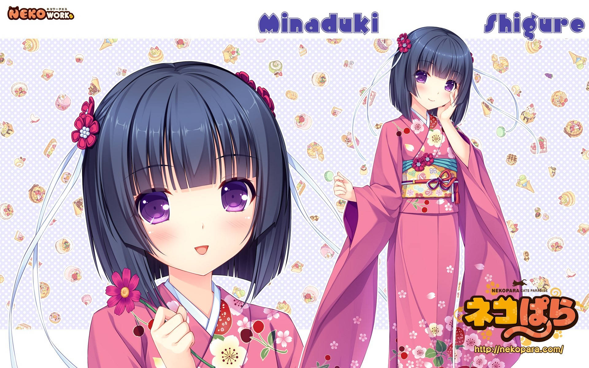 兩位身穿粉紅色和服的動漫女孩，手持鮮花和糖果。