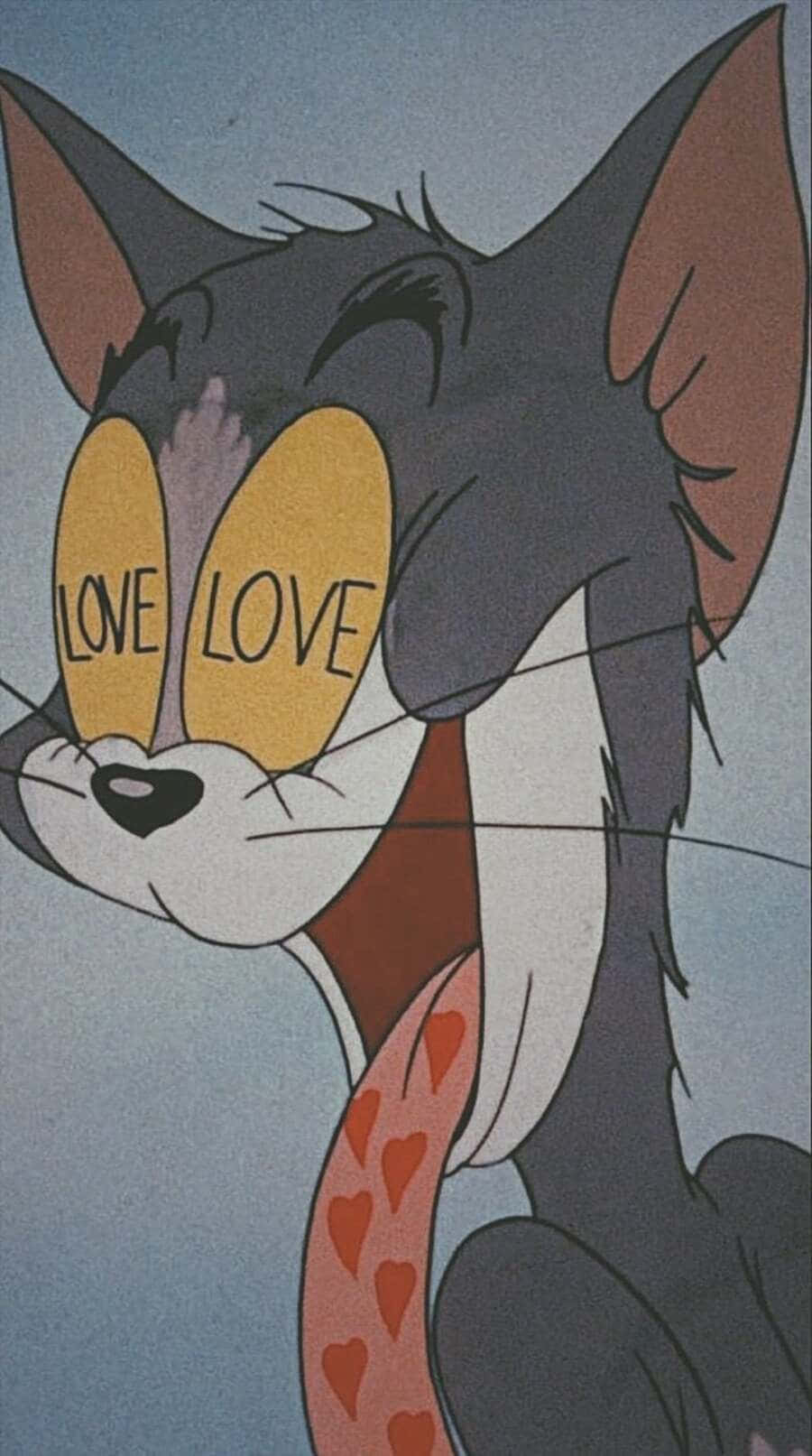 Vintage Cartoon Aesthetic 桌布 壁紙 — 貓湯姆戴著心形圖案領帶，眼睛上寫有「LOVE」，經典卡通風格。