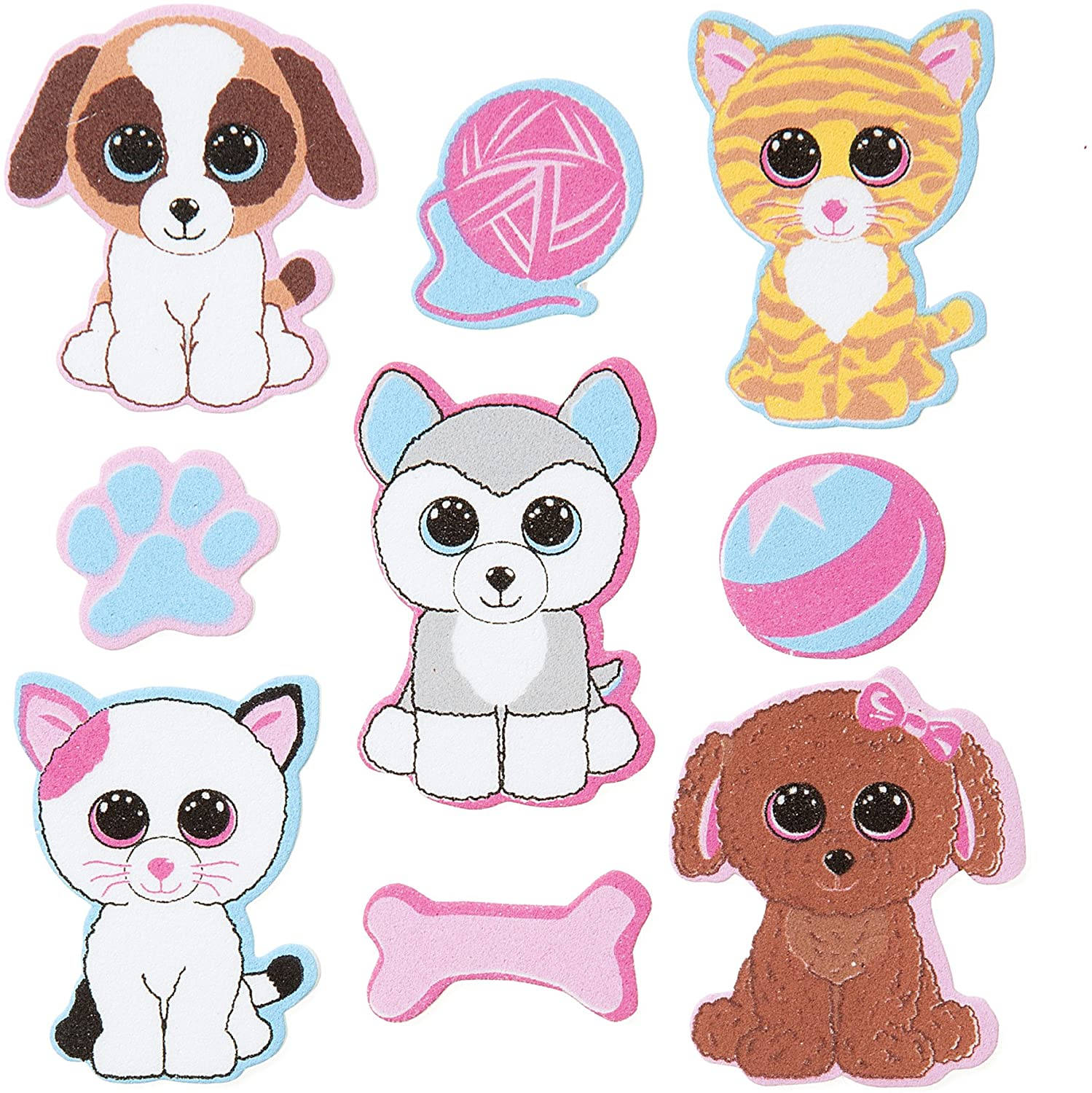 貓狗Beanie Boos玩偶壁紙 壁紙 — 可愛的卡通動物和寵物玩具，大眼睛，柔和色調輪廓，白色背景。