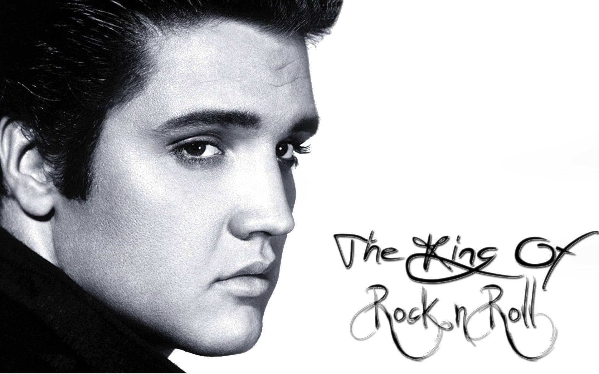 艾維斯·普里斯利的黑白圖片，帶有「The King of Rock n Roll」文字。 — 貓王 壁紙