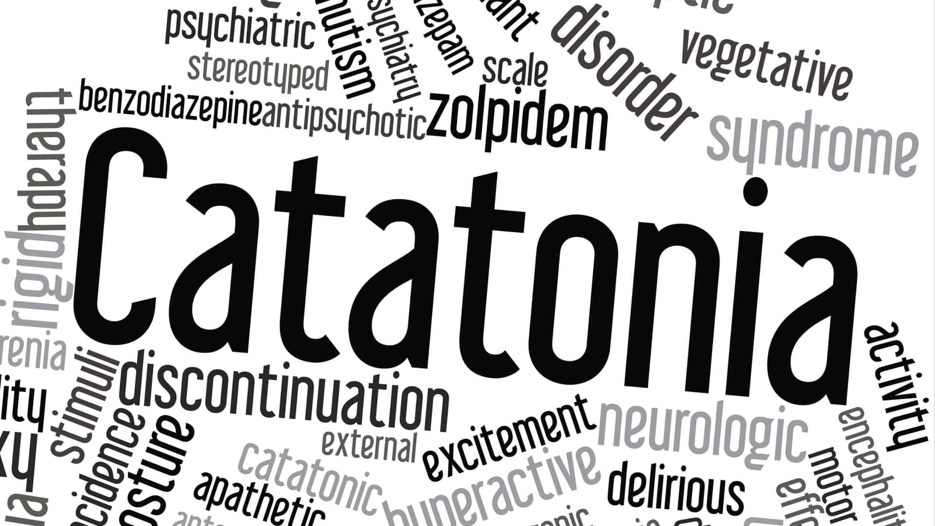以「Catatonia」為中心的文字雲，周圍環繞醫學術語。