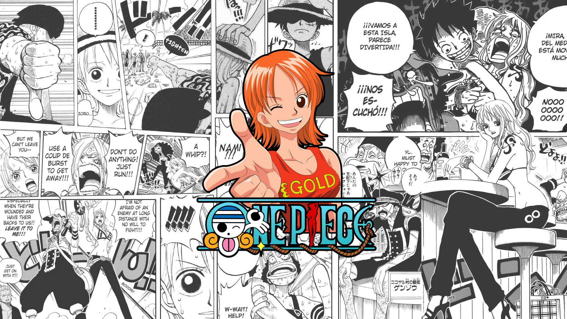 貓盜賊娜美漫畫分鏡 壁紙 — 來自《One Piece》的鮮豔漫畫面板，角色在動態動作場景中展現大膽線條和豐富表情。