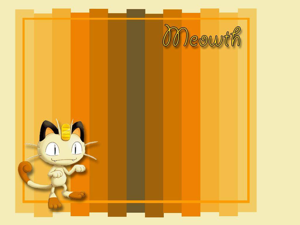 卡通貓角色，條紋背景上有 Meowth 文字。