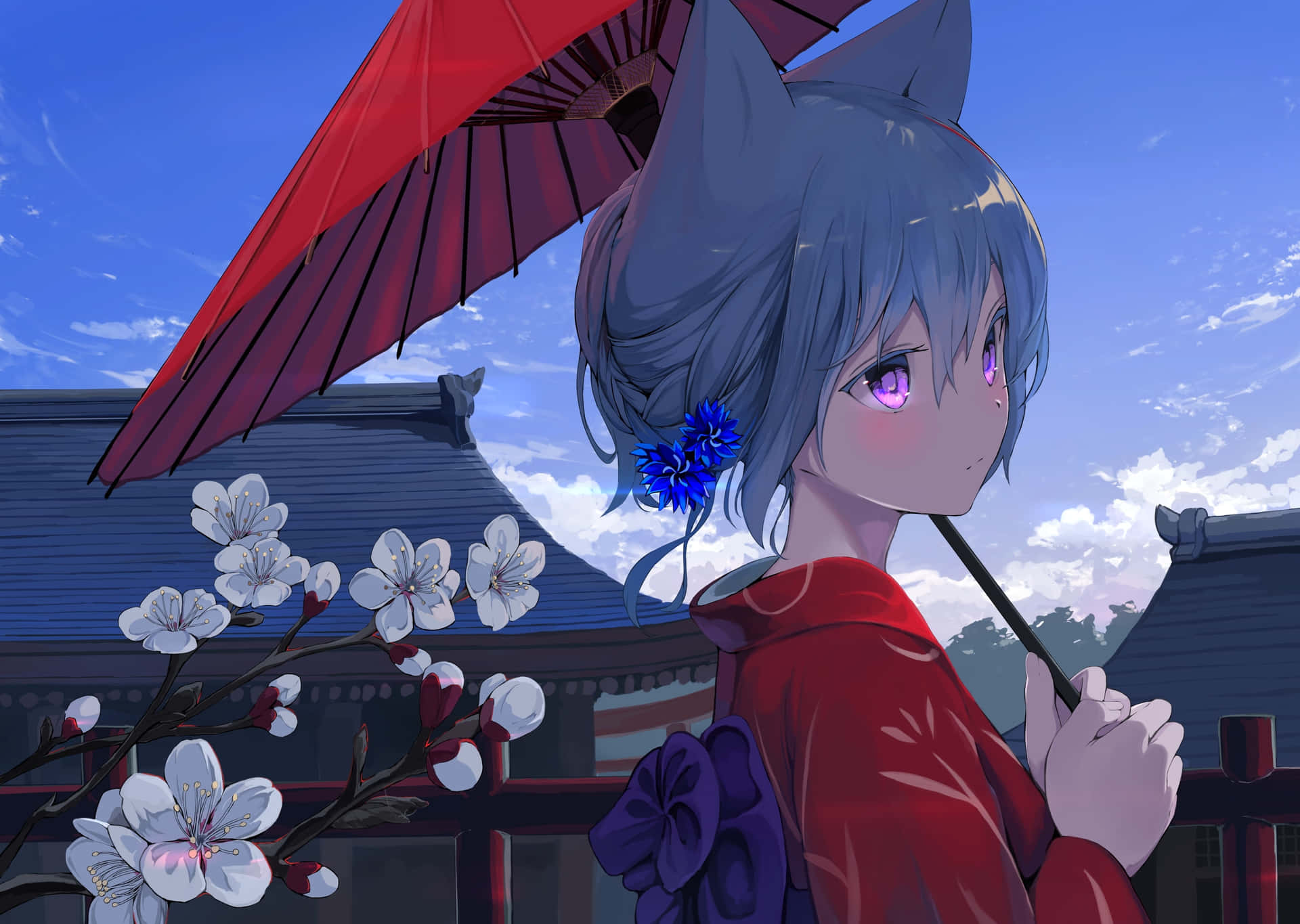 狐耳動漫少女在日本櫻花附近手持紅色雨傘。