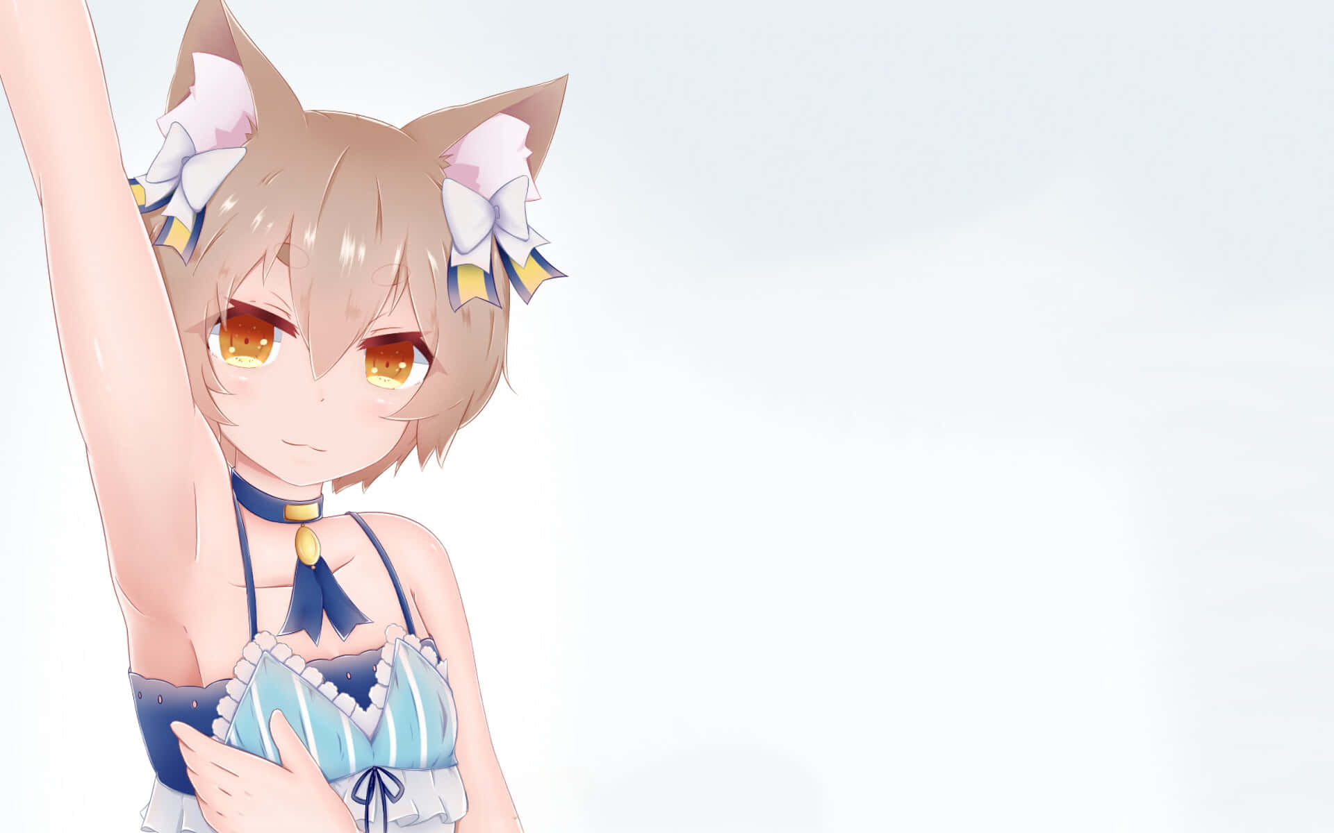 Felix Argyle 桌布 壁紙 — 貓耳動漫少女穿著藍色連衣裙，在柔和的白色背景上舉起一隻手臂。