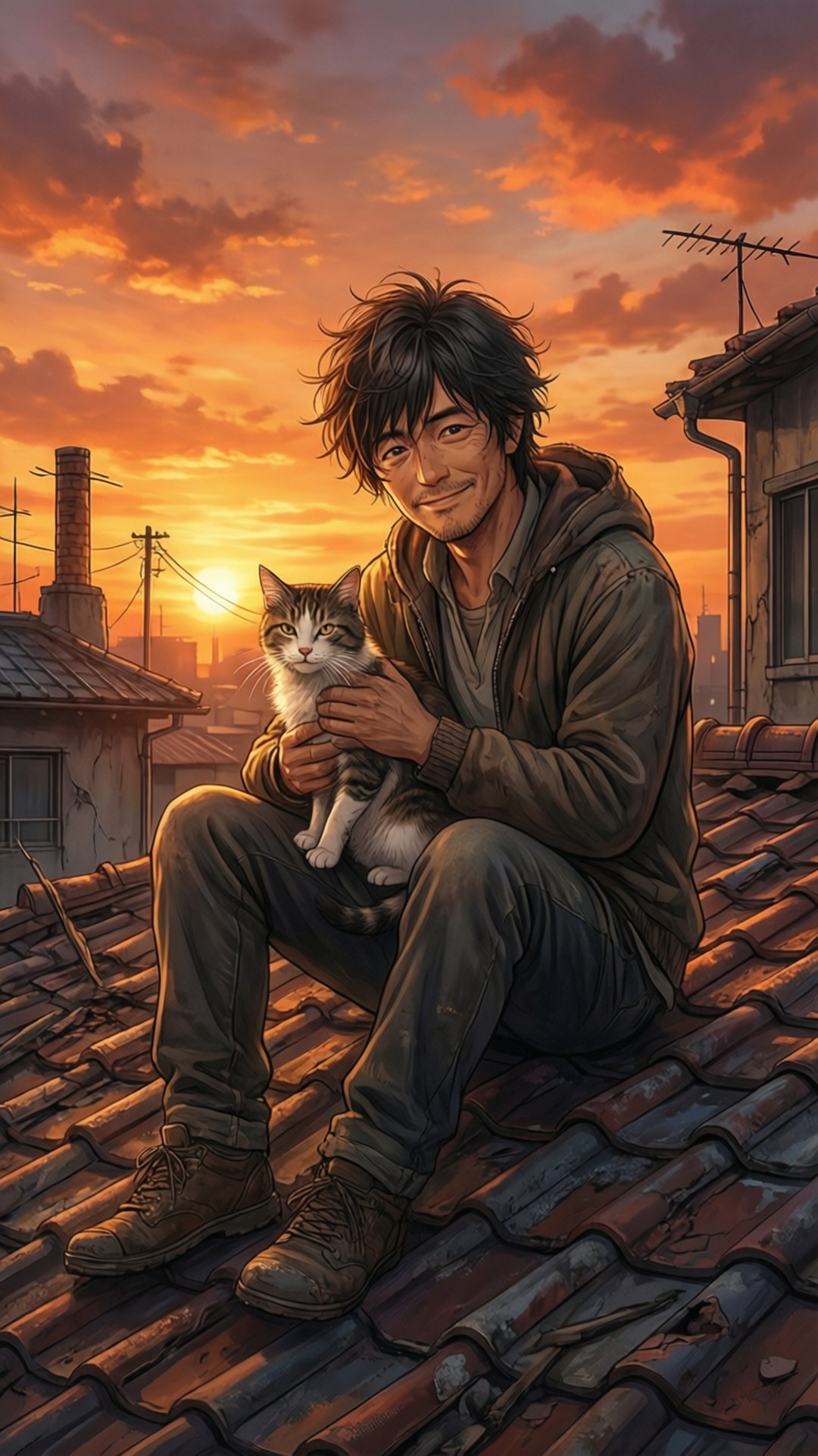 男子在橙色夕陽下的城市屋頂上抱貓