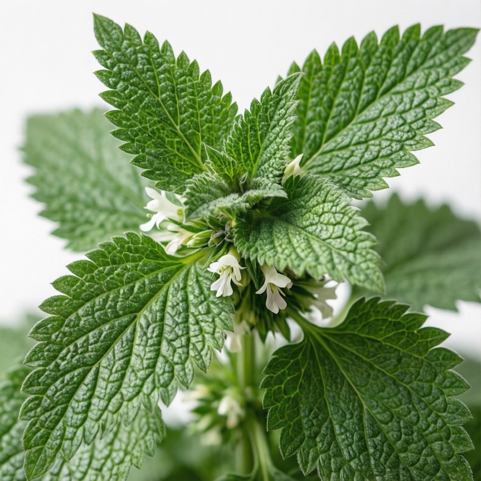 帶有小白花的綠色葉片植物特寫。