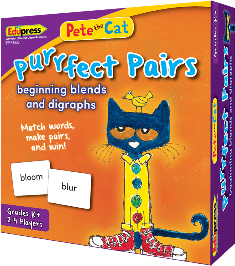 貓貓彼得《完美配對》遊戲盒 壁紙 — 色彩繽紛的插圖遊戲盒，Pete the Cat 穿著黃色襯衫和紅色鞋子，頭上有一隻鴨子。