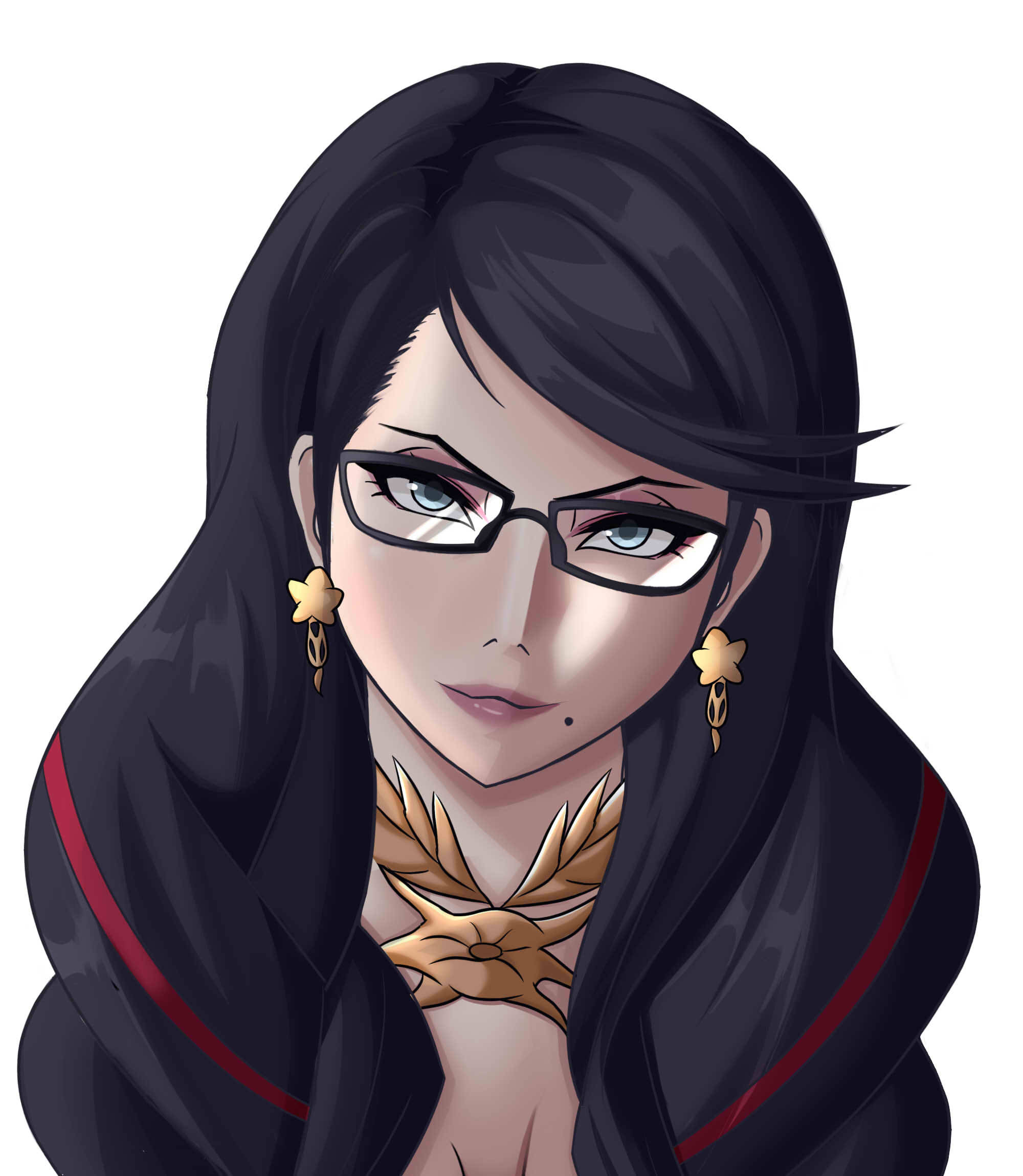 貝優妮塔兇猛臉部 壁紙 — 一個風格化的動漫女孩，長著黑色長髮和眼鏡，穿著帶紅色邊飾的深色斗篷和金色翅膀項鍊。