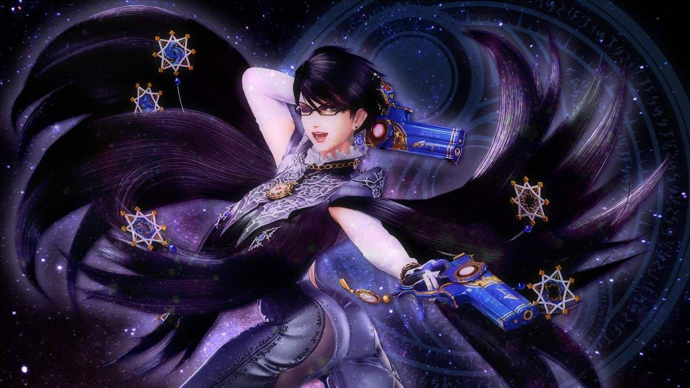 貝優妮塔星夜 壁紙 — 一個風格化的動漫女性，長長的黑髮和星形飾物，漂浮在宇宙星空背景上。