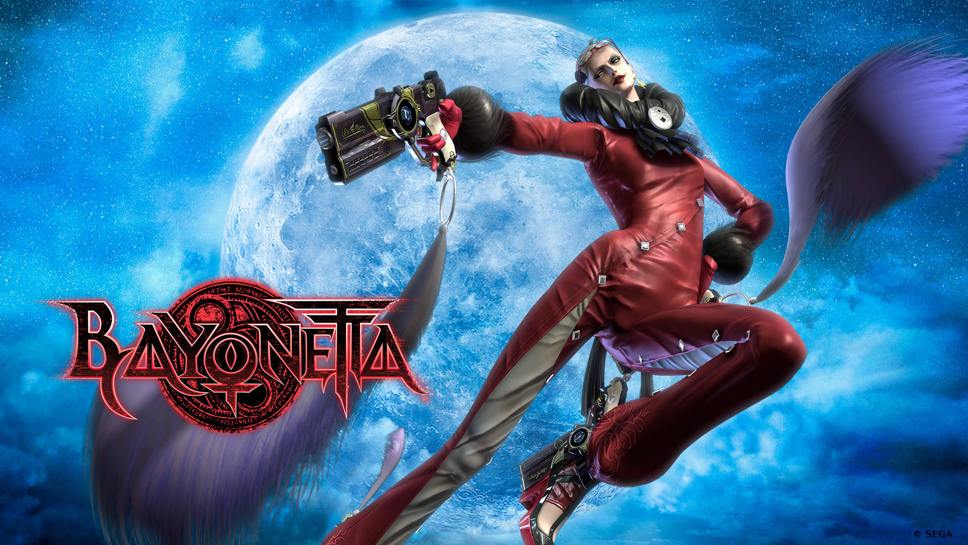 貝優妮塔珍妮海報 壁紙 — Bayonetta 在繁星點點的夜空下動態跳躍，身後有一輪巨大的月亮，手持槍械。