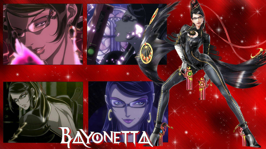 貝優妮塔紅色拼貼 壁紙 — Bayonetta 身穿黑色皮革服裝，在閃爍的紅色背景前動態擺姿勢，並有四個角色特寫。