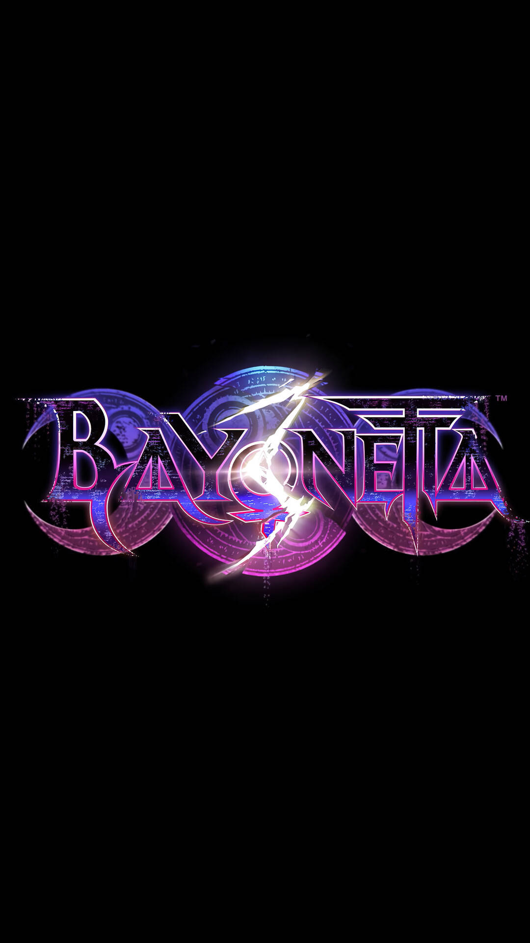 貝優妮塔紫色標題海報 壁紙 — 發光紫色和藍色 Bayonetta 標誌，帶有閃電，黑色背景。