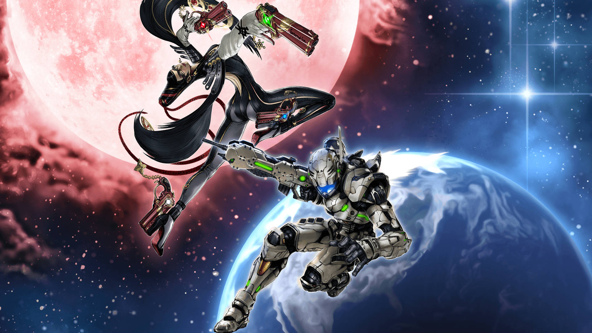 貝優妮塔與《Vanquish》 壁紙 — 兩個動漫風格的戰士在太空中決鬥，背景是粉紅色的月亮和藍色的星球。