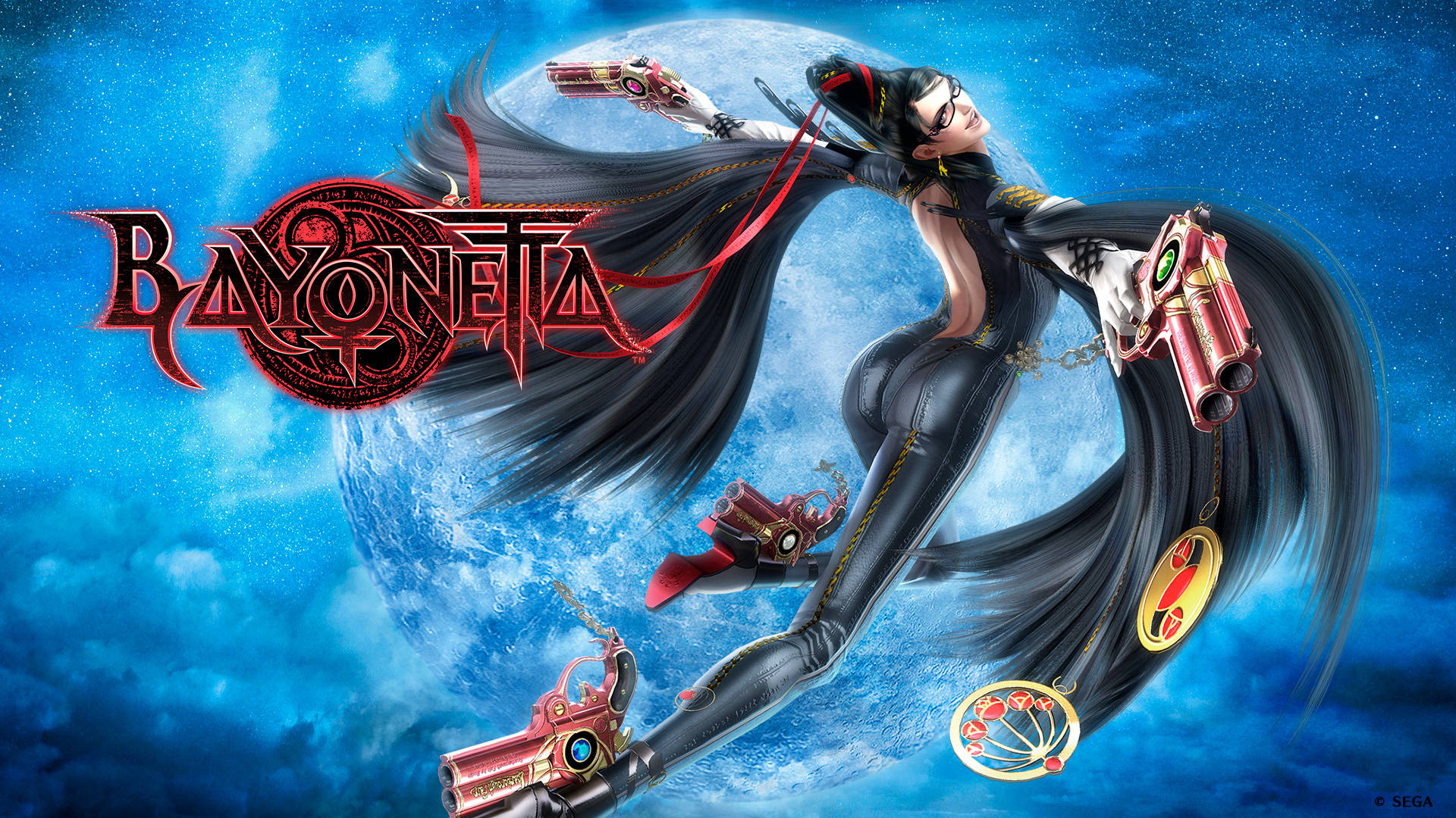 貝優妮塔藍月 壁紙 — Bayonetta 在滿月和旋轉藍雲的宇宙背景下動態跳躍。