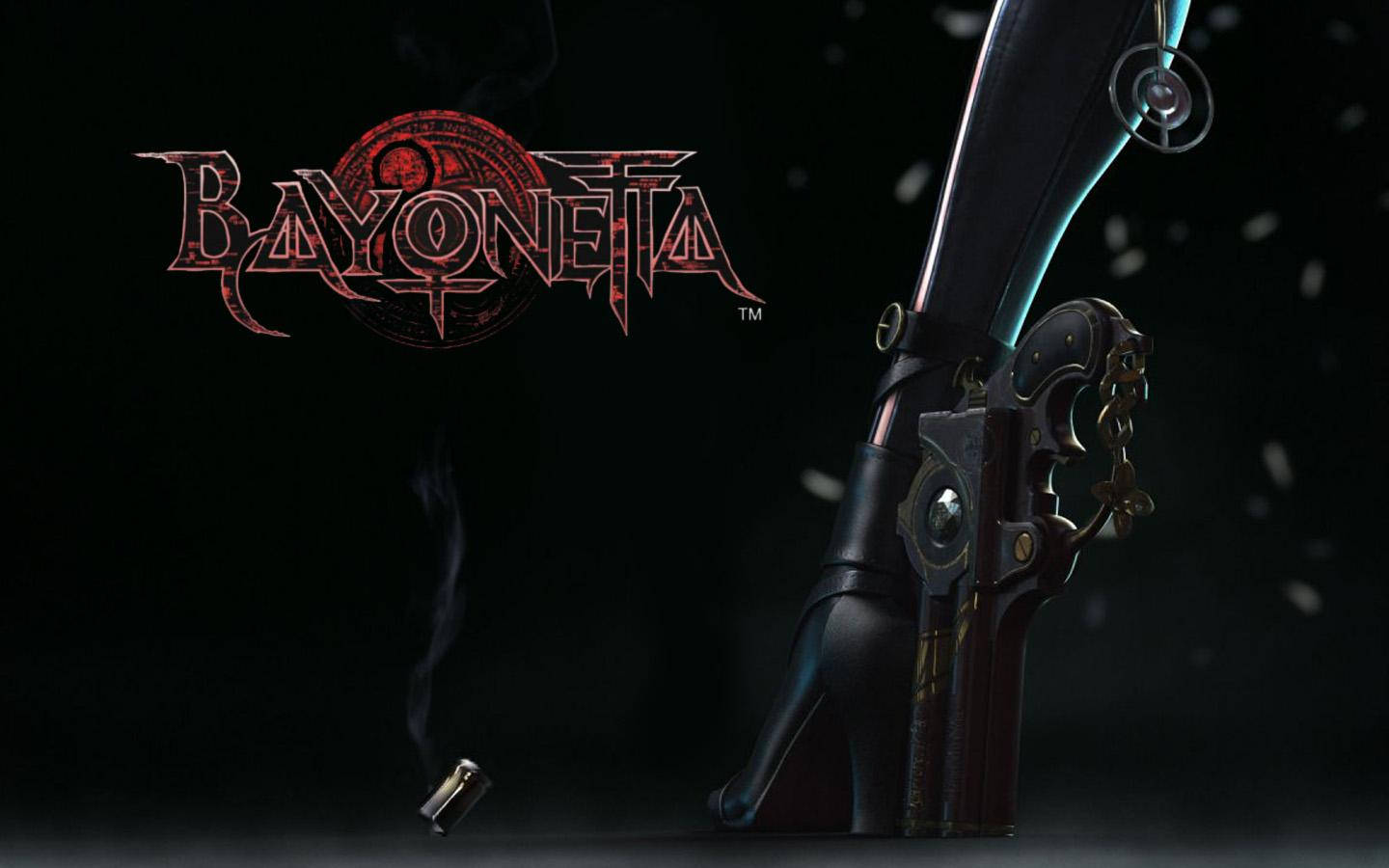 貝優妮塔鞋槍設計 壁紙 — 一個黑暗奇幻遊戲標誌 Bayonetta，帶有冒煙的左輪手槍和高跟鞋靴，背景為黑色。