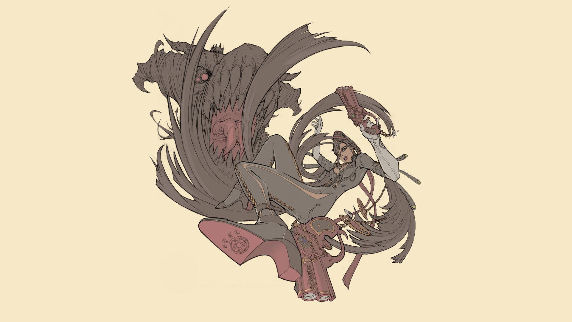 貝優妮塔黃色背景 壁紙 — 一幅充滿動感的動漫風格插圖，描繪一名女子揮舞左輪手槍，面對一個怪異的陰影生物。