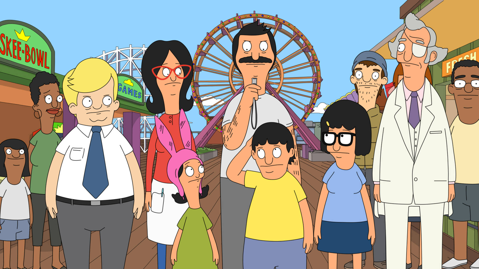 Bob's Burgers 角色喺遊樂園，後面有個摩天輪。