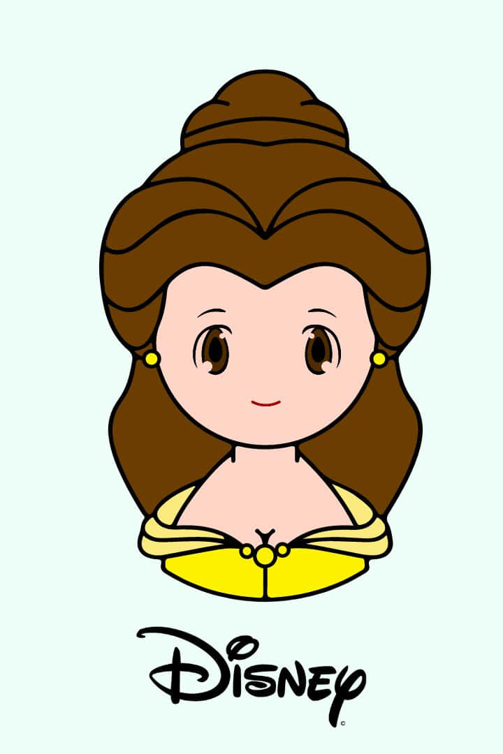 來自迪士尼的Q版貝兒，棕色頭髮和黃色裙子，微笑著。 — 美女與野獸 GIF 壁紙