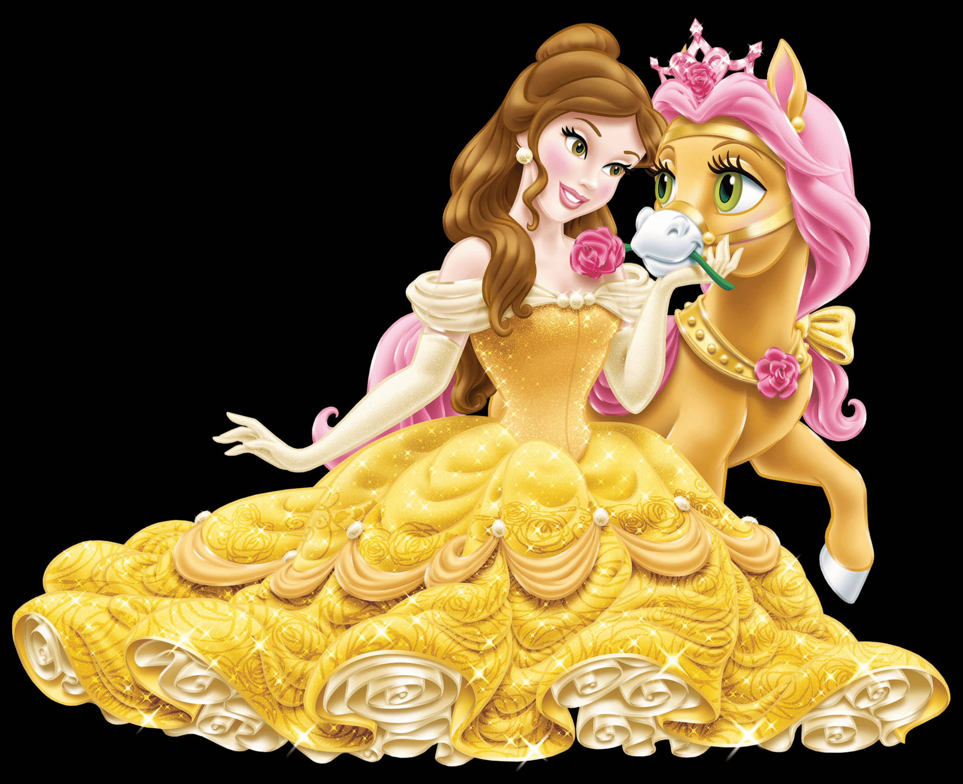 貝兒公主穿著金色裙子與粉紅色馬手持玫瑰