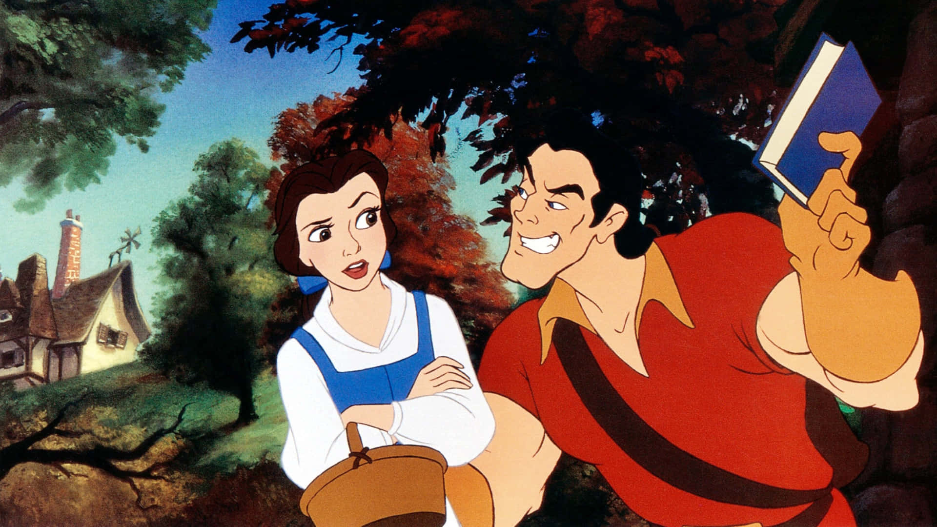 貝兒與野獸在森林中，身後有一間小屋。 — 美女與野獸 GIF 壁紙
