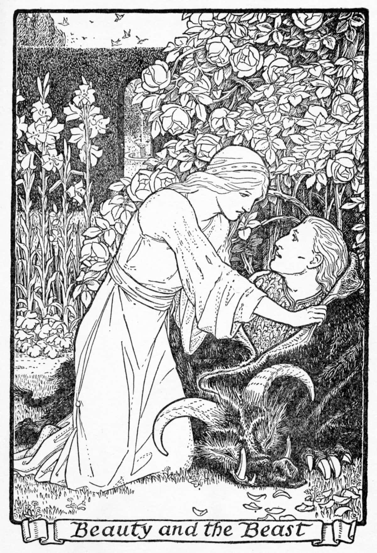 美女跪在野獸旁邊，在一個玫瑰和花朵的花園中。 — 美女與野獸 GIF 壁紙